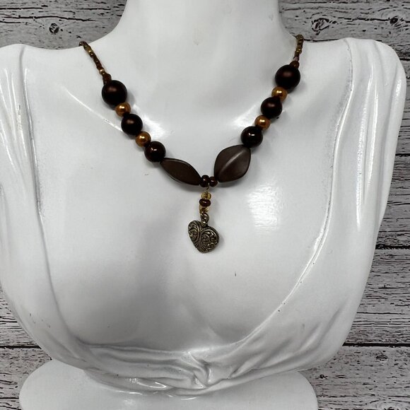 Bronze Tone Beaded Necklace Brown Beads with Gold Tone Heart Pendant - Picture 1 of 8